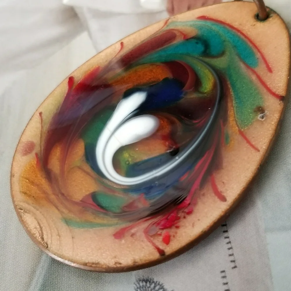Vintage enamel copper pendant swirl teardrop